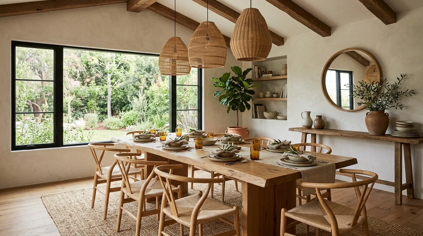 Bring in linen and woven textures for quiet depth inspiration for an organic modern dining room.